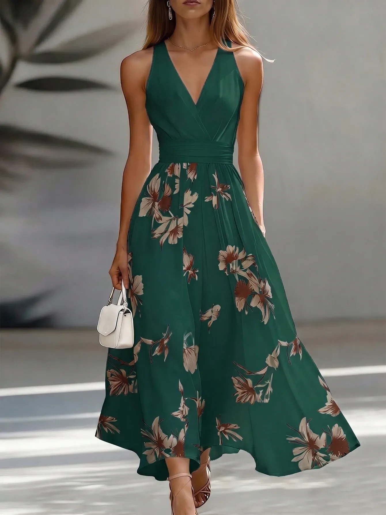 EMERY ROSE AB Patchwork V-Neck Sleeveless Waist Cinched Elegant Midi Dress, Suitable For Work & Vacation