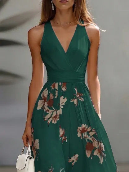 EMERY ROSE AB Patchwork V-Neck Sleeveless Waist Cinched Elegant Midi Dress, Suitable For Work & Vacation