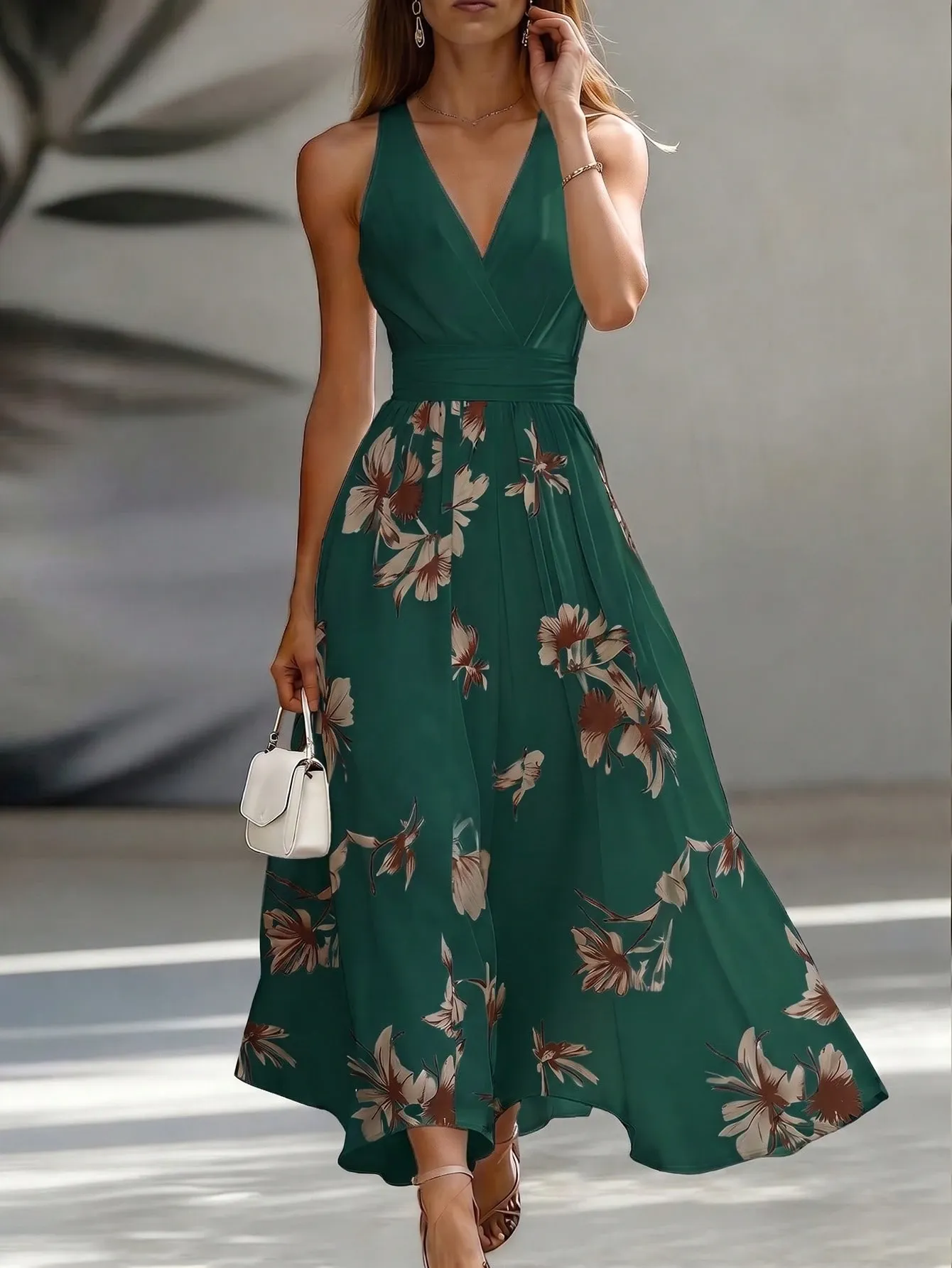 EMERY ROSE AB Patchwork V-Neck Sleeveless Waist Cinched Elegant Midi Dress, Suitable For Work & Vacation