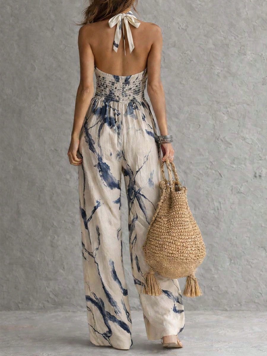 Women Boho Vacation Halter Sleeveless Cut Out Long Wide Leg Jumpsuit