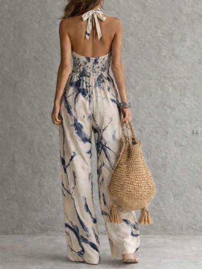 Women Boho Vacation Halter Sleeveless Cut Out Long Wide Leg Jumpsuit