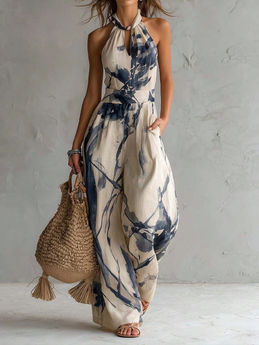 Women Boho Vacation Halter Sleeveless Cut Out Long Wide Leg Jumpsuit