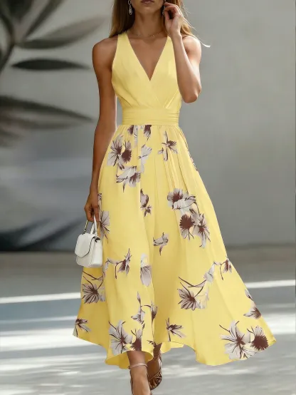 EMERY ROSE AB Patchwork V-Neck Sleeveless Waist Cinched Elegant Midi Dress, Suitable For Work & Vacation