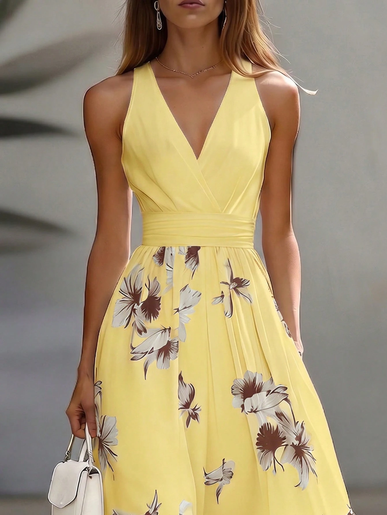 EMERY ROSE AB Patchwork V-Neck Sleeveless Waist Cinched Elegant Midi Dress, Suitable For Work & Vacation