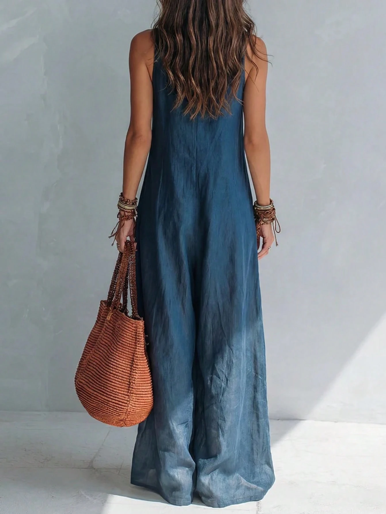 Solid Color V-Neck Temperament Loose European And American Style Big Pocket Jumpsuit