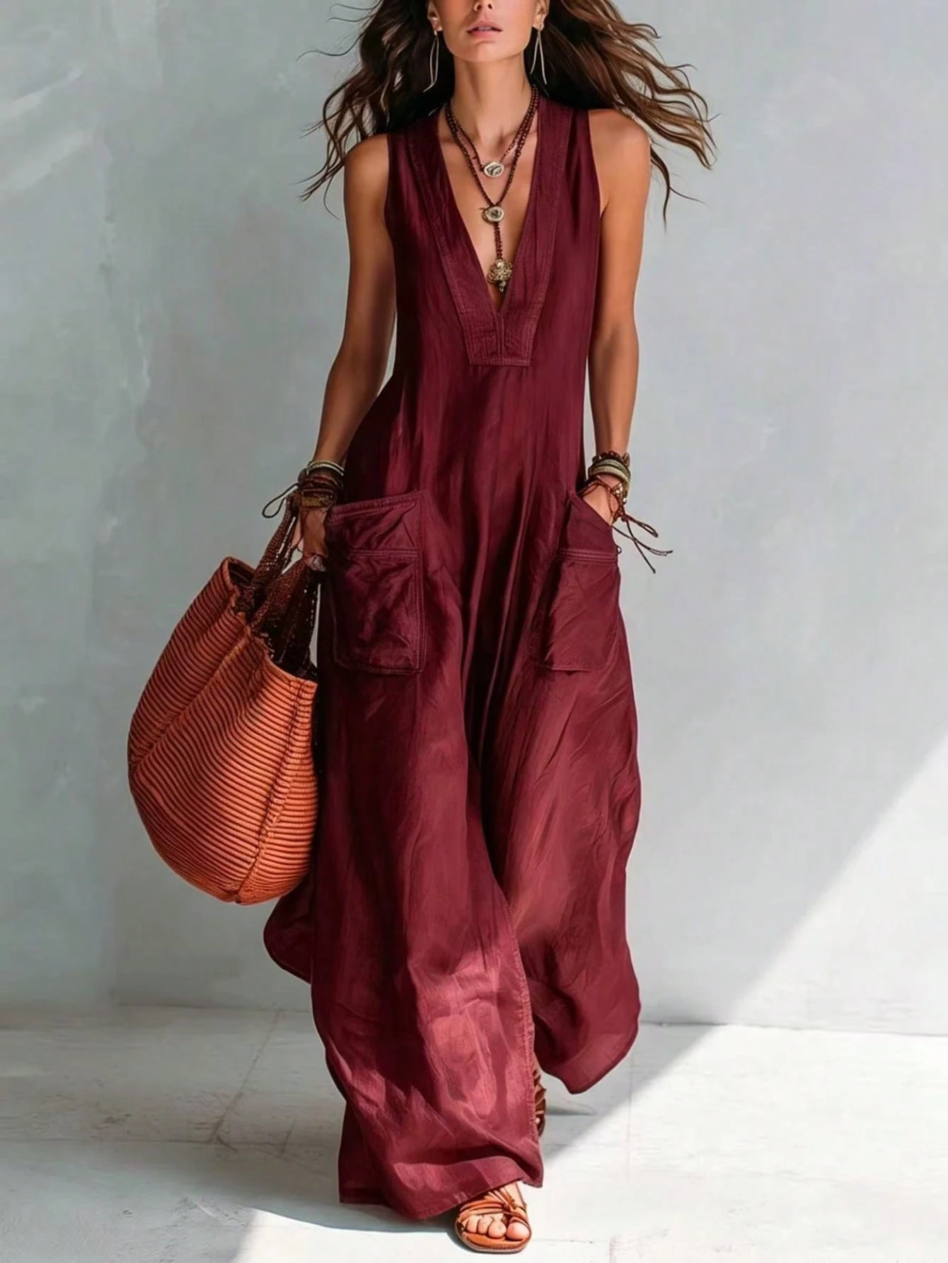 Solid Color V-Neck Temperament Loose European And American Style Big Pocket Jumpsuit