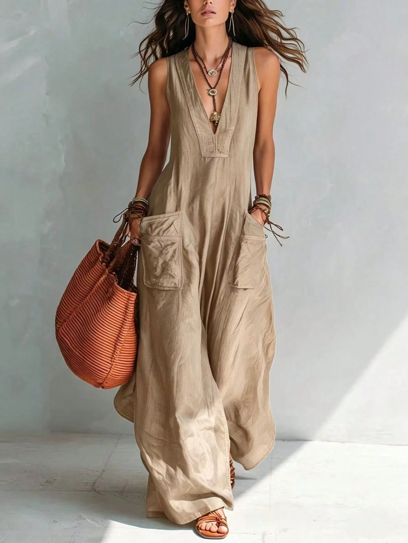 Solid Color V-Neck Temperament Loose European And American Style Big Pocket Jumpsuit
