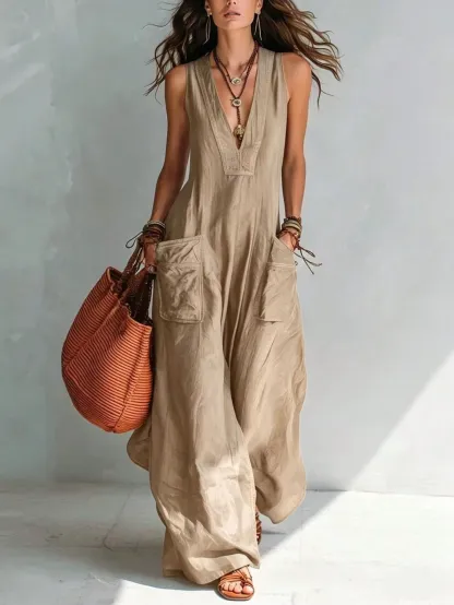 Solid Color V-Neck Temperament Loose European And American Style Big Pocket Jumpsuit
