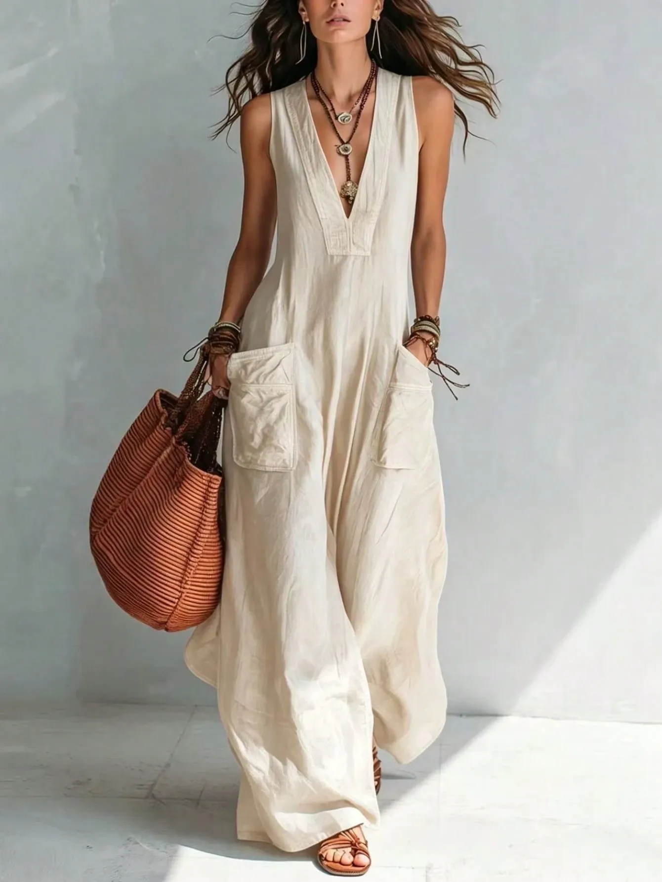 Solid Color V-Neck Temperament Loose European And American Style Big Pocket Jumpsuit
