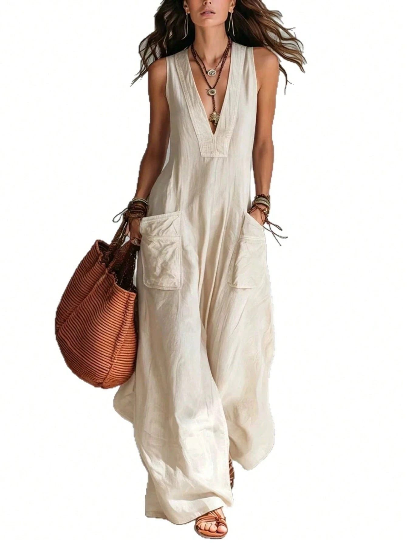 Solid Color V-Neck Temperament Loose European And American Style Big Pocket Jumpsuit