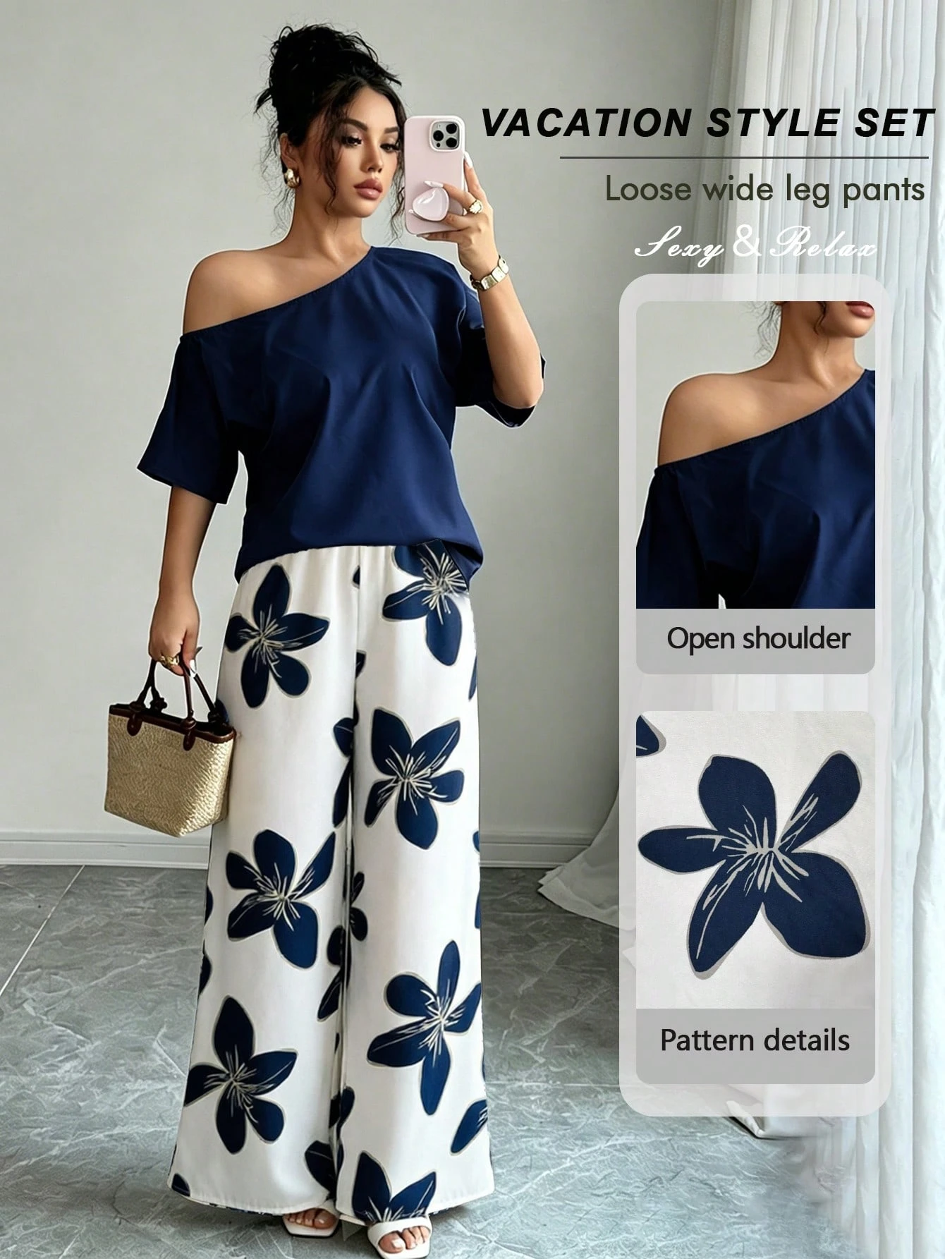 Women Summer Casual Solid Color Asymmetrical Shoulder Top And Floral Print Pants Set