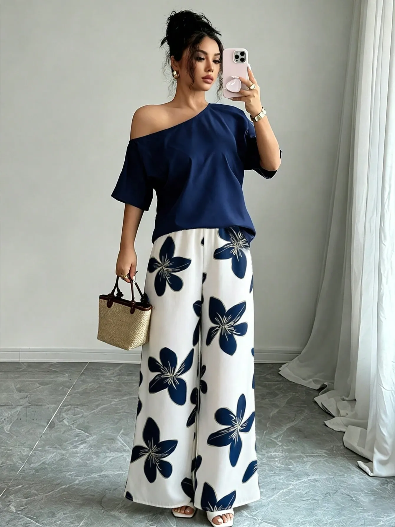 Women Summer Casual Solid Color Asymmetrical Shoulder Top And Floral Print Pants Set