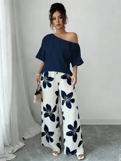 Women Summer Casual Solid Color Asymmetrical Shoulder Top And Floral Print Pants Set