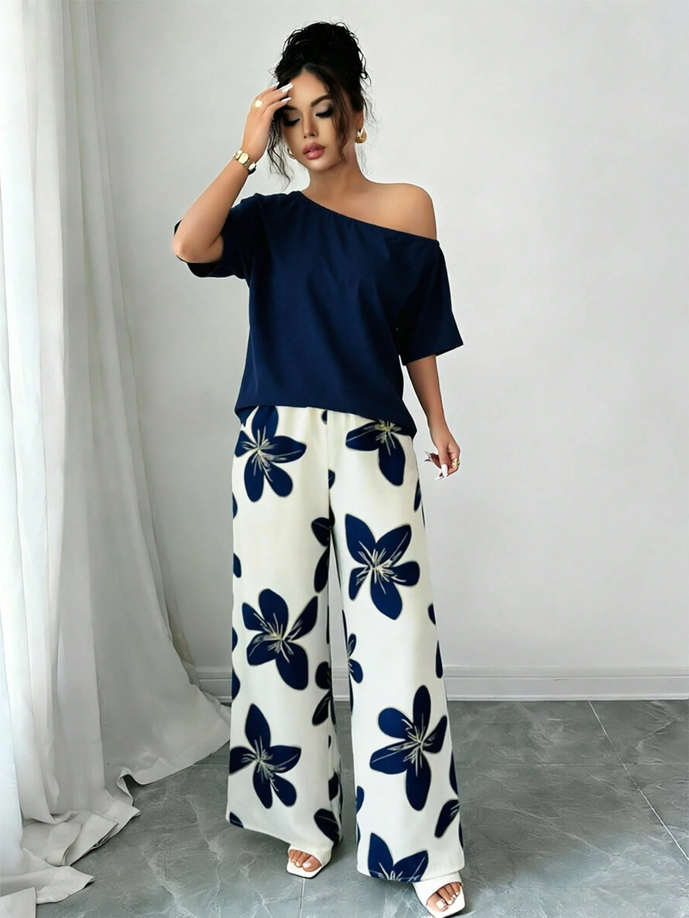 Women Summer Casual Solid Color Asymmetrical Shoulder Top And Floral Print Pants Set