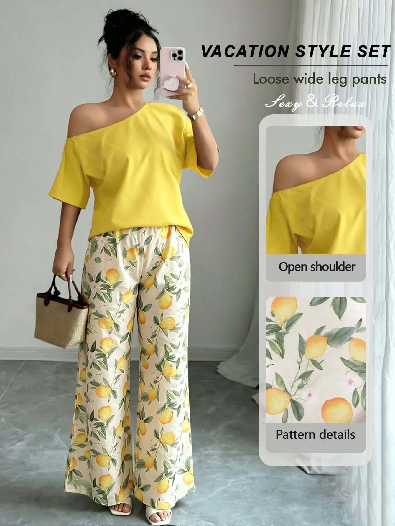 Women Summer Casual Solid Color Asymmetrical Shoulder Top And Floral Print Pants Set