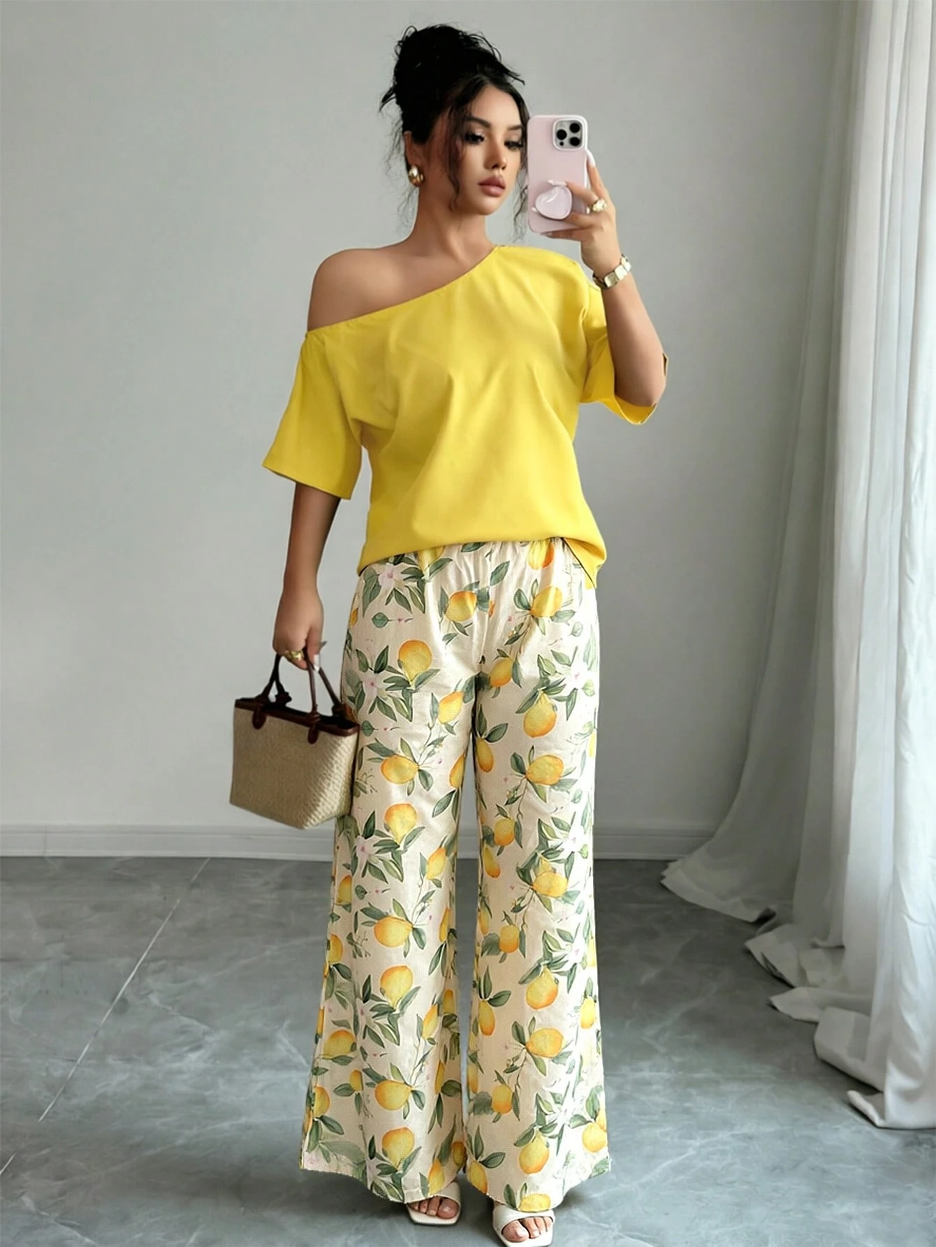 Women Summer Casual Solid Color Asymmetrical Shoulder Top And Floral Print Pants Set