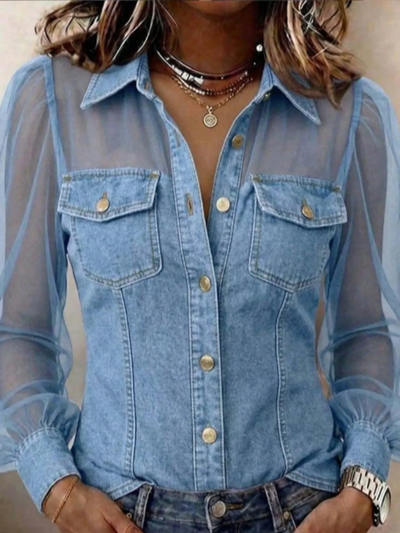 Women's Denim Fabric & Mesh Patchwork Shirt