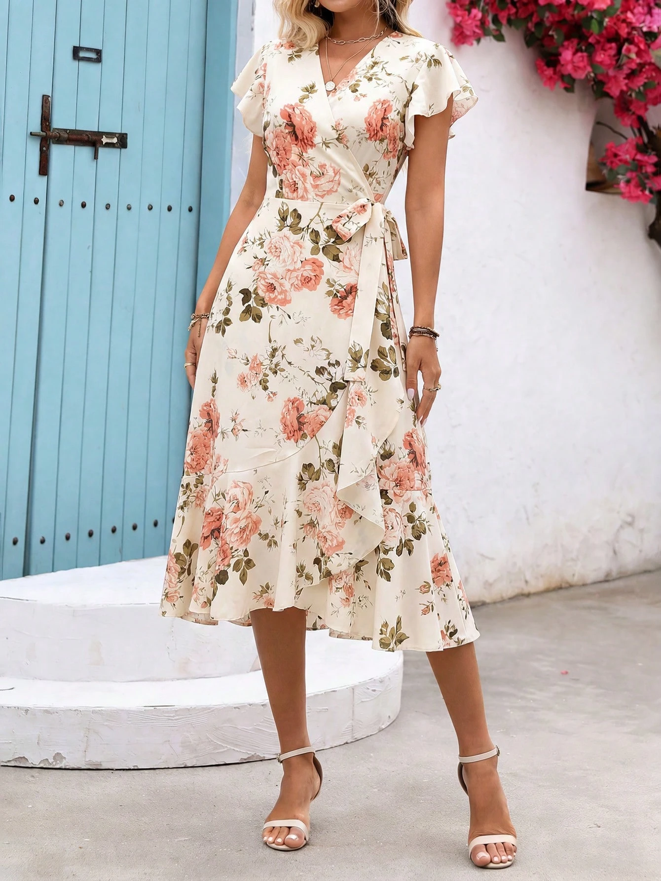 Breezaya Women's Floral Printed Wrap Style Midi Dress Maxi Women Outfit