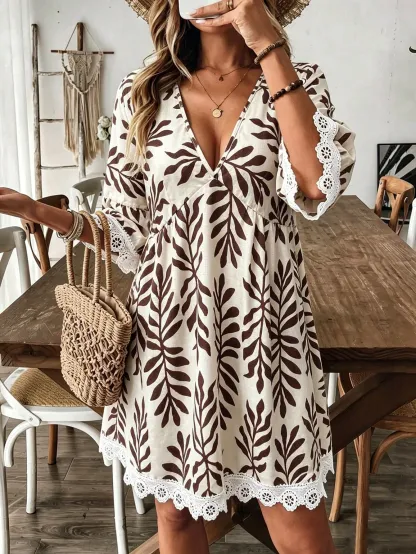 Breezaya Women Striped V-Neck Geometric Pattern Sexy Casual Vacation Khaki Long Sleeve Dress, Elegant For Party