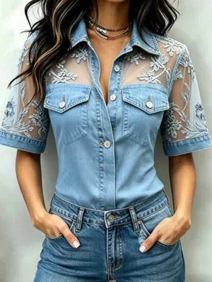 Women's Denim Fabric & Mesh Patchwork Shirt