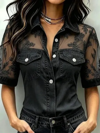 Women's Denim Fabric & Mesh Patchwork Shirt