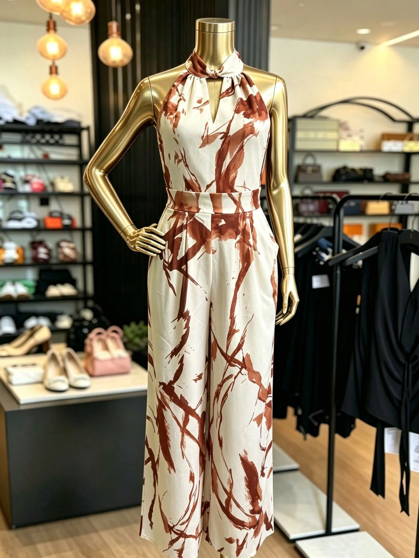 Women Boho Vacation Halter Sleeveless Cut Out Long Wide Leg Jumpsuit