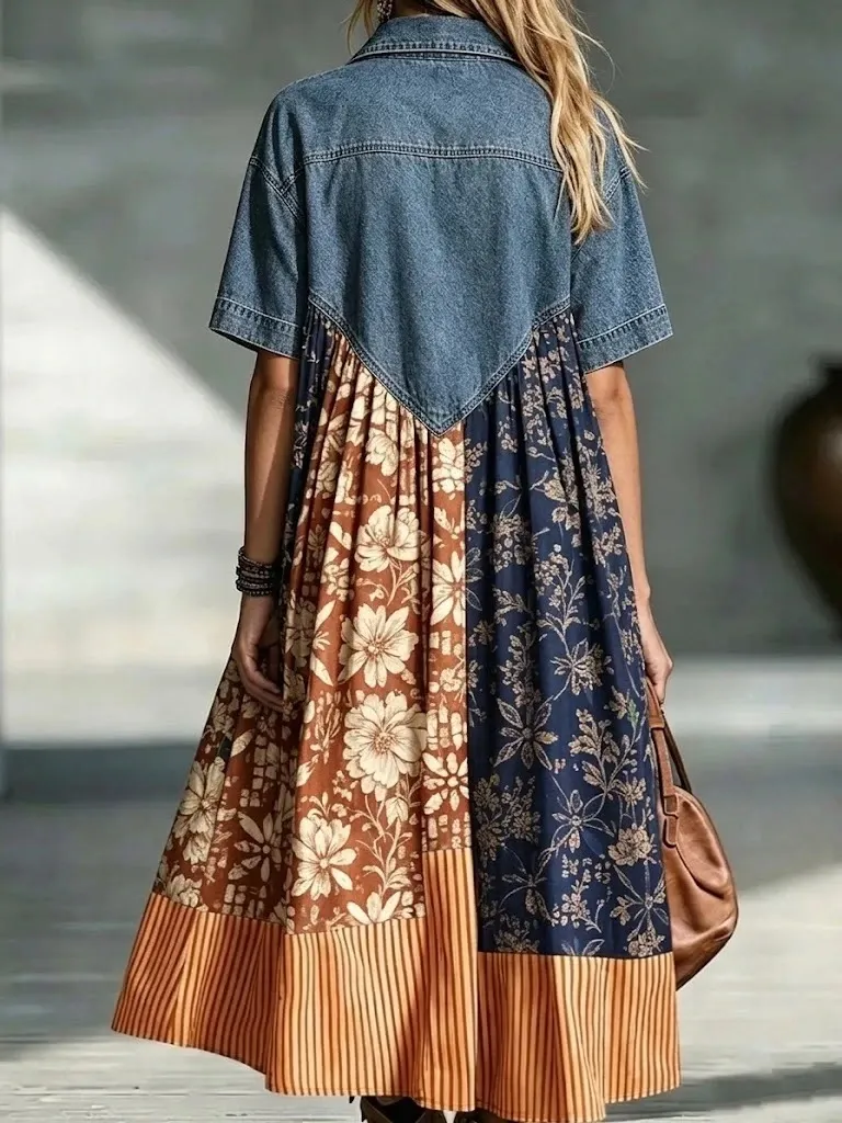 Denim Spliced Print Shirt Maxi Dress