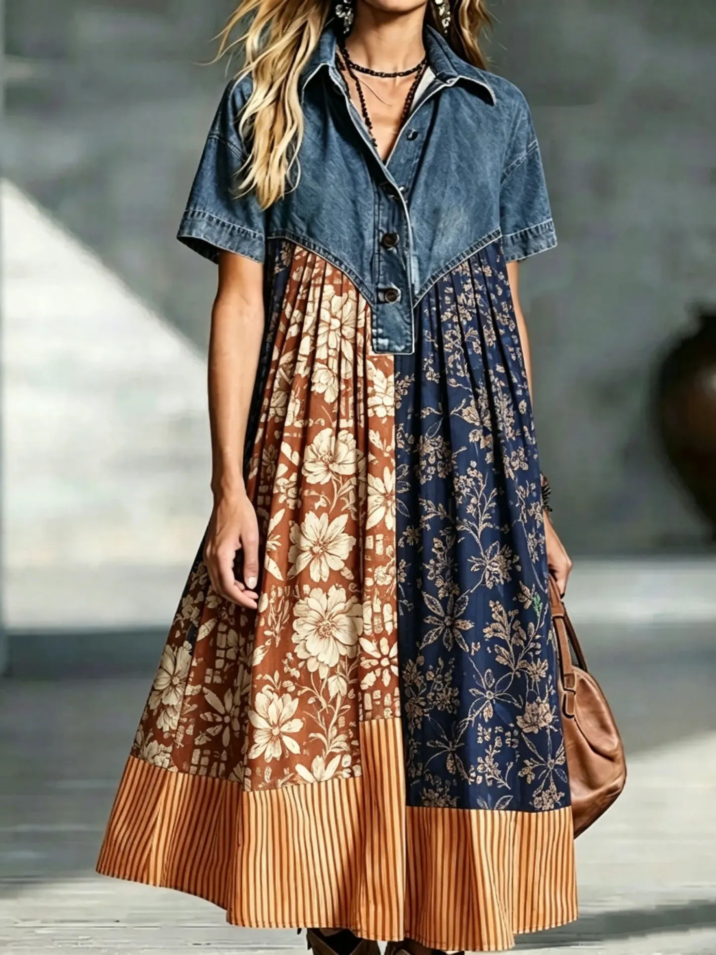 Denim Spliced Print Shirt Maxi Dress