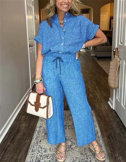 Classic Striped Linen Cotton Shirt Set With Pockets