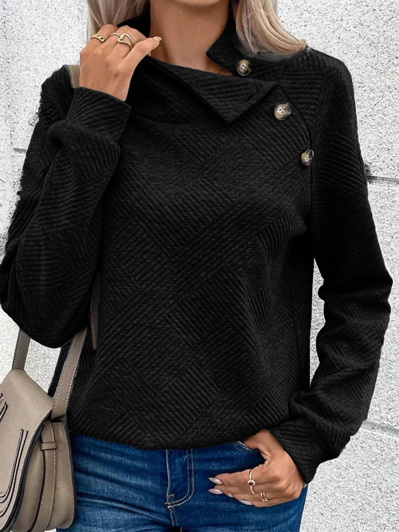 Women's Textured Pullover Sweatshirt Patchwork Buttons Vintage Long Sleeve High Neck Long Tops