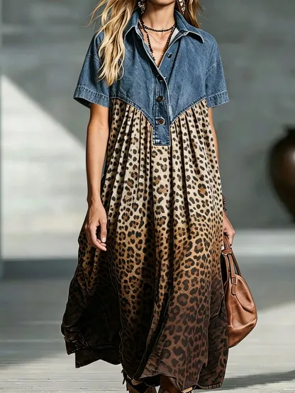 Denim Spliced Print Shirt Maxi Dress