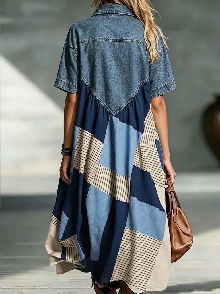 Denim Spliced Print Shirt Maxi Dress