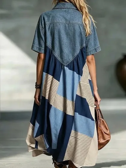 Denim Spliced Print Shirt Maxi Dress