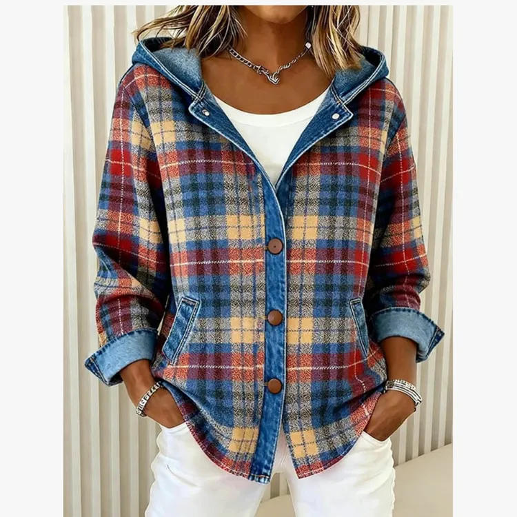 Women's Plaid Print Denim Long Sleeve Casual Loose Hooded Cardigan