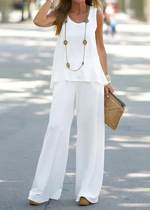 Hot Selling Now！Loose White Hollow Out Solid Cotton Two Pieces Set Sleeveless