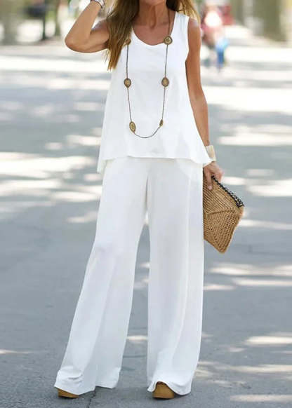 Hot Selling Now！Loose White Hollow Out Solid Cotton Two Pieces Set Sleeveless
