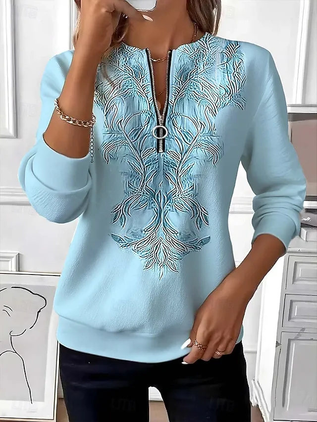 Women's Pullover Sweatshirt Zip Up Sweatshirts Zipper Print Floral Graphic Paisley Fashion Casual Long Sleeve Crew Neck Regular Tops