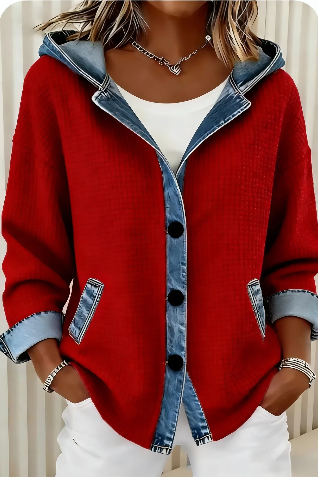 Women's Plaid Print Denim Long Sleeve Casual Loose Hooded Cardigan