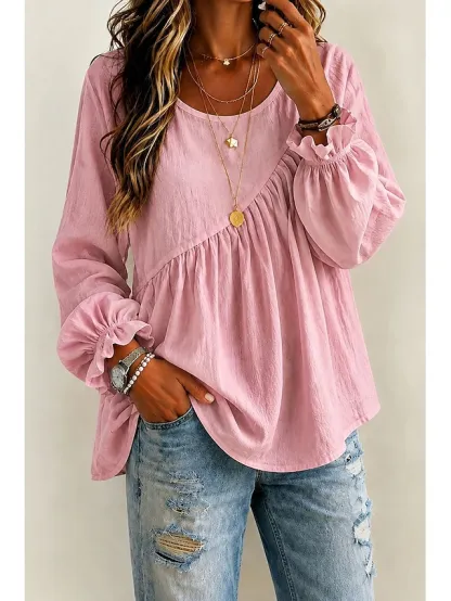 Women's White Boho Blouse Round Neck Long Sleeve Ruffle Trim Peplum Tunic Shirt
