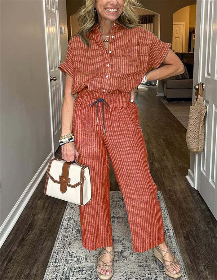 Classic Striped Linen Cotton Shirt Set With Pockets