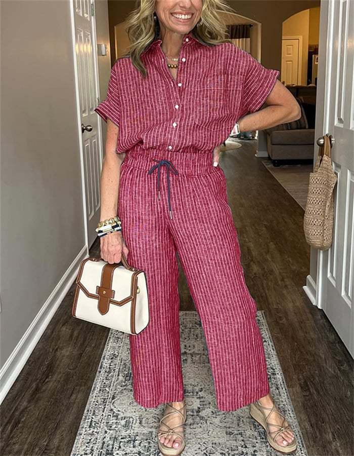 Classic Striped Linen Cotton Shirt Set With Pockets