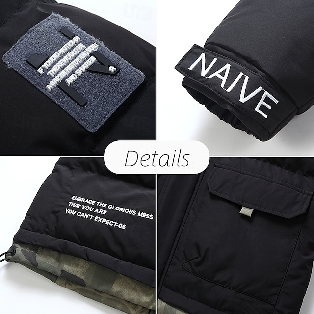 Men's Winter Coat Puffer Jacket Quilted Jacket Padded Hooded Leisure Sports Going out Windproof Fall & Winter Solid / Plain Color Black Blue Khaki Puffer Jacket