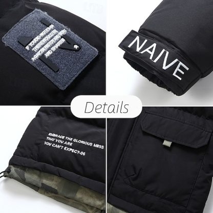 Men's Winter Coat Puffer Jacket Quilted Jacket Padded Hooded Leisure Sports Going out Windproof Fall & Winter Solid / Plain Color Black Blue Khaki Puffer Jacket