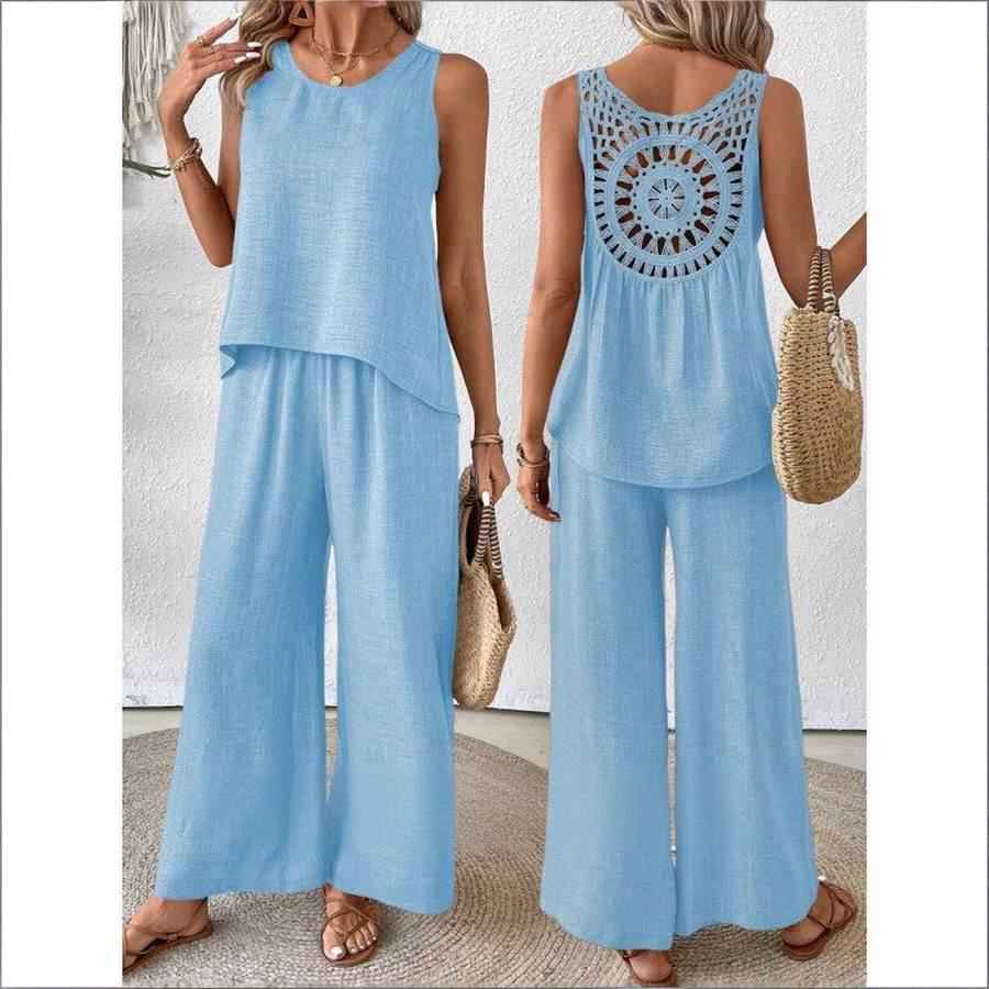 Hot Selling Now！Loose White Hollow Out Solid Cotton Two Pieces Set Sleeveless