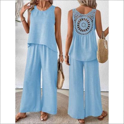 Hot Selling Now！Loose White Hollow Out Solid Cotton Two Pieces Set Sleeveless