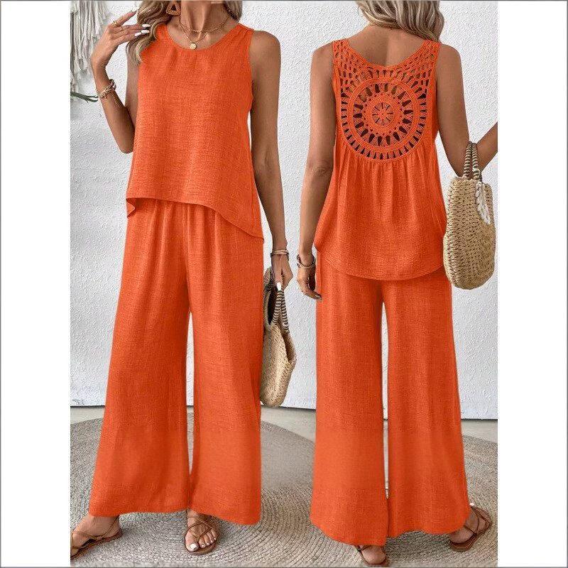Hot Selling Now！Loose White Hollow Out Solid Cotton Two Pieces Set Sleeveless