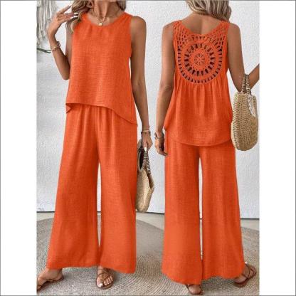 Hot Selling Now！Loose White Hollow Out Solid Cotton Two Pieces Set Sleeveless