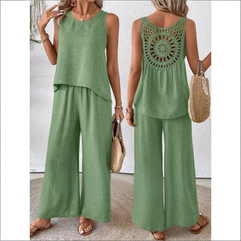 Hot Selling Now！Loose White Hollow Out Solid Cotton Two Pieces Set Sleeveless