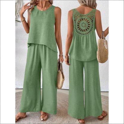 Hot Selling Now！Loose White Hollow Out Solid Cotton Two Pieces Set Sleeveless