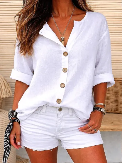 ￼ Women's Linen Shirts Blouse Buttons Solid Color Daily Casual Long Sleeve V Neck Regular Tops Daily Black White Red Orange Green Summer Spring Fall